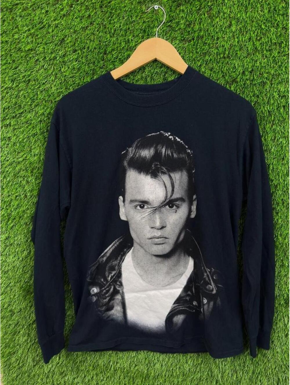 Johnny Depp Cry Baby Portrait Graphic Black Long Sleeve Shirt Small